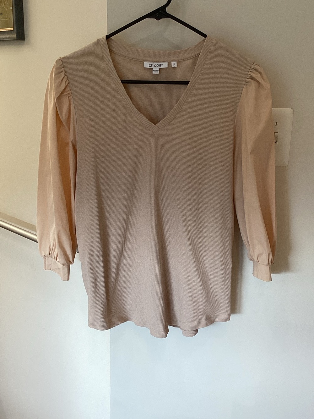 Chico's Neutral V-Neck Knit Top with Long Puff Sleeves